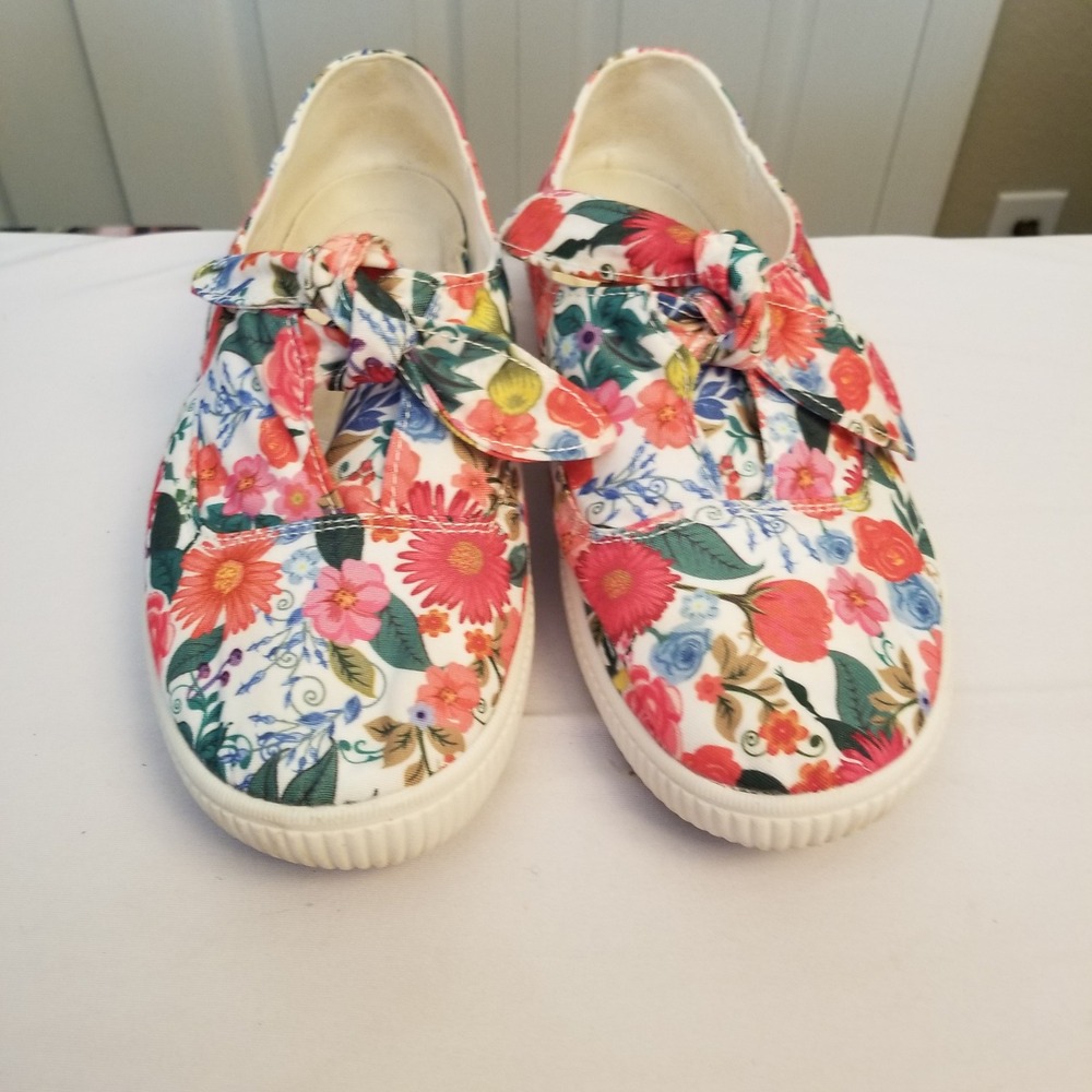 Floral Print Canvas Bow Slip On Sneakers Low Top Casual Shoes Women